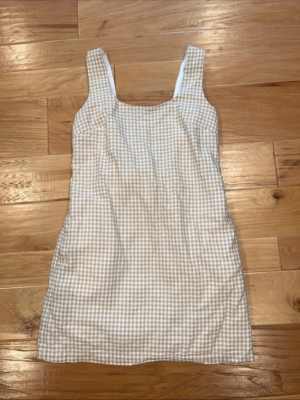 Beige Gingham Square-Neck Mini Dress with pockets